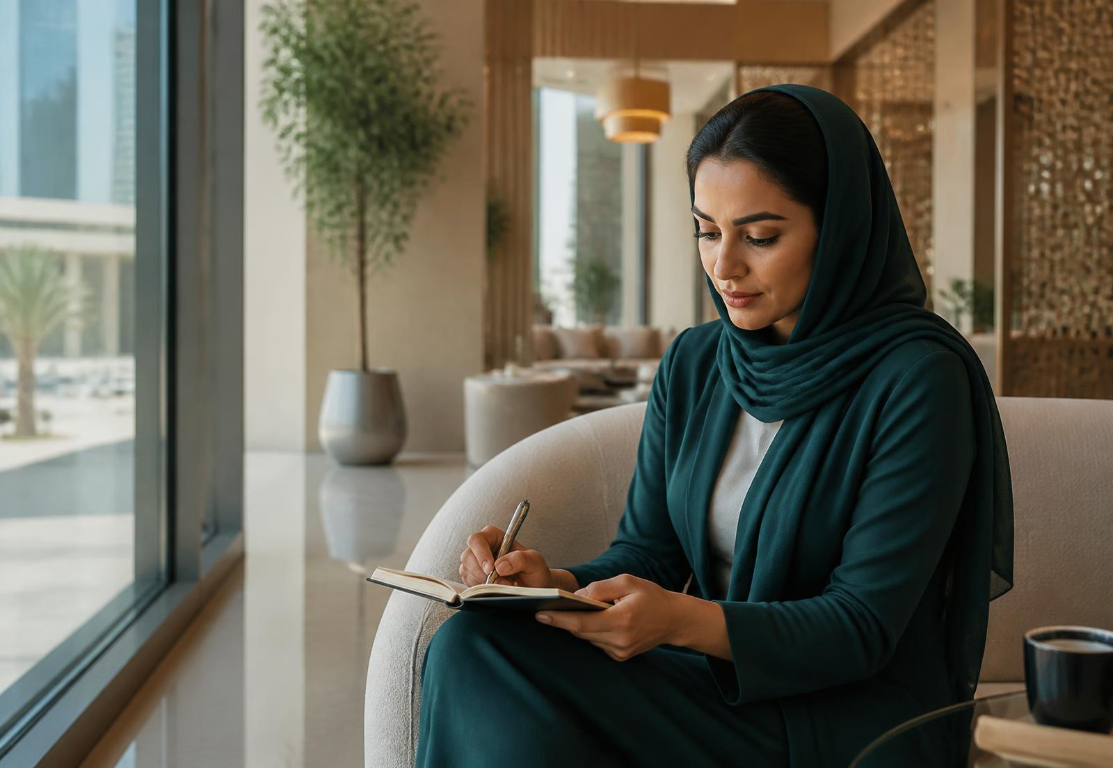 Professional reviewing interview preparation notes in a quiet office lounge in the UAE