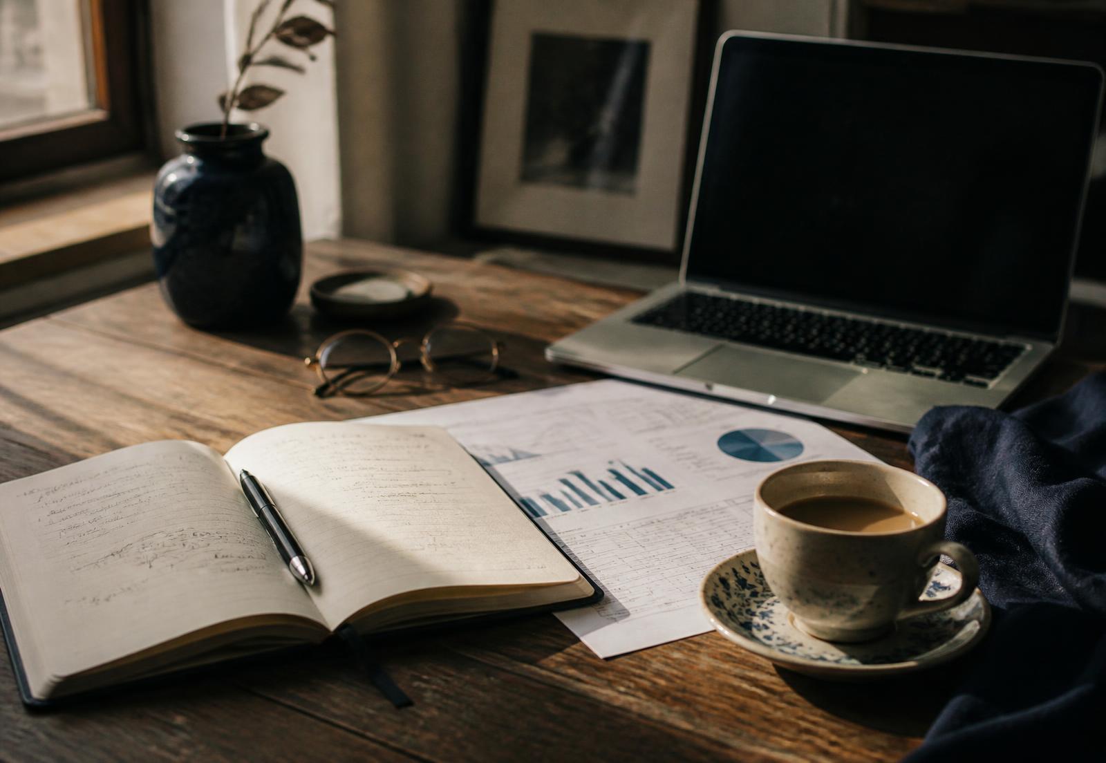 Notebook, printed hiring research and a cup of tea on a desk in soft window light