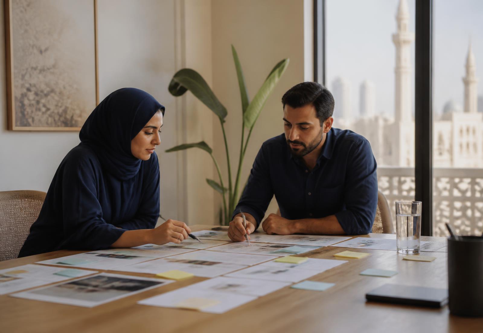 Advisers mapping an interview process across printed pages at a meeting table